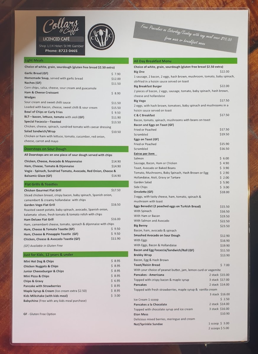 Collars and Cuffs Licensed Cafe menu board