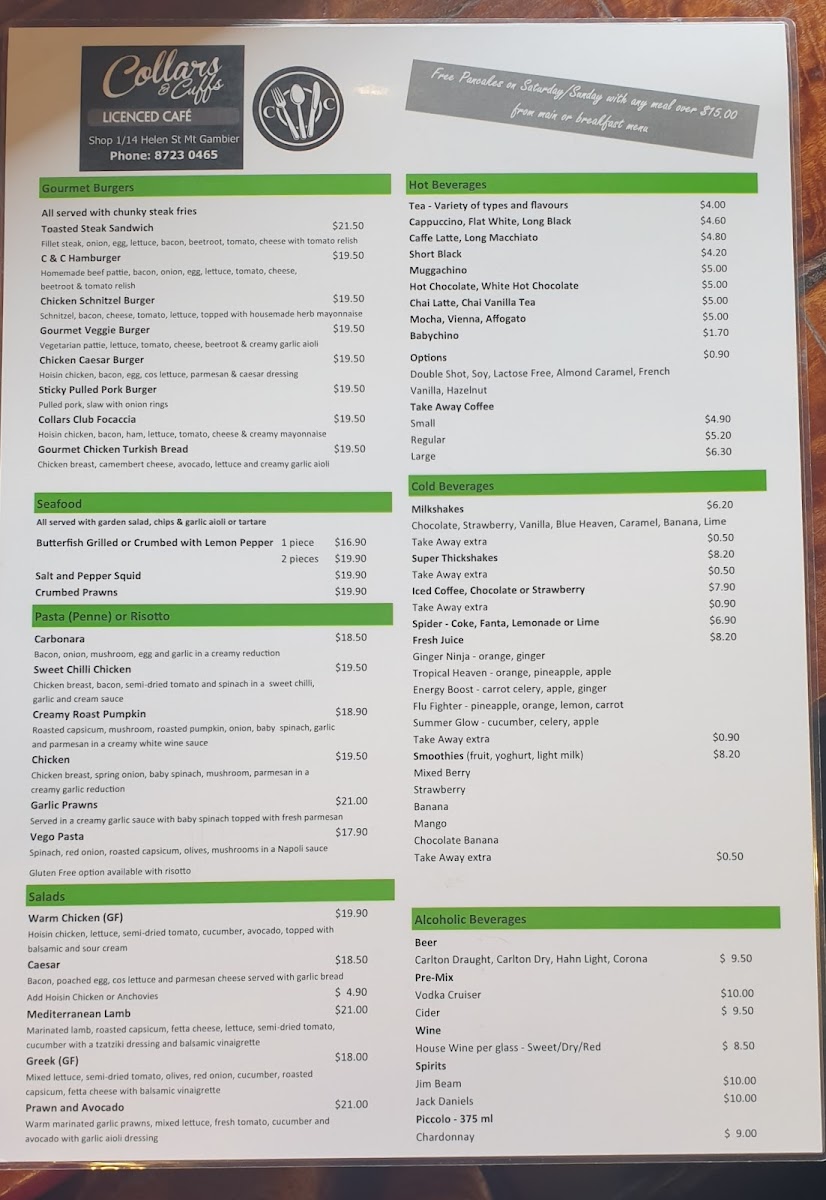 Collars and Cuffs Licensed Cafe menu board