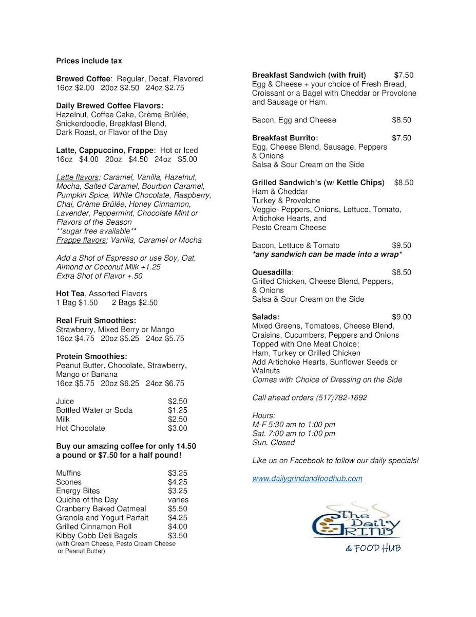 Daily Grind and Food Hub menu board