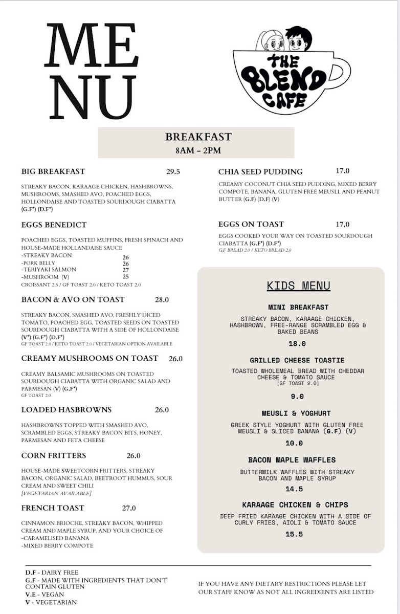 The Blend Cafe menu board