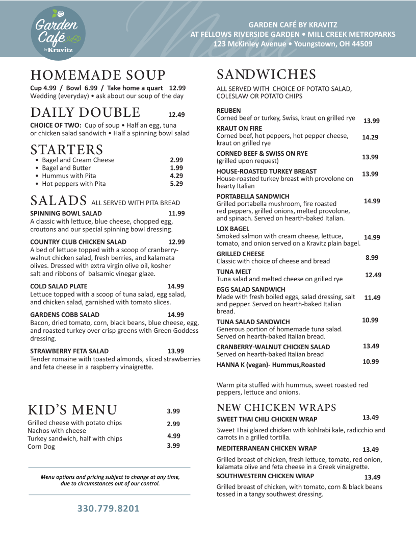 Garden Café by Kravitz menu board