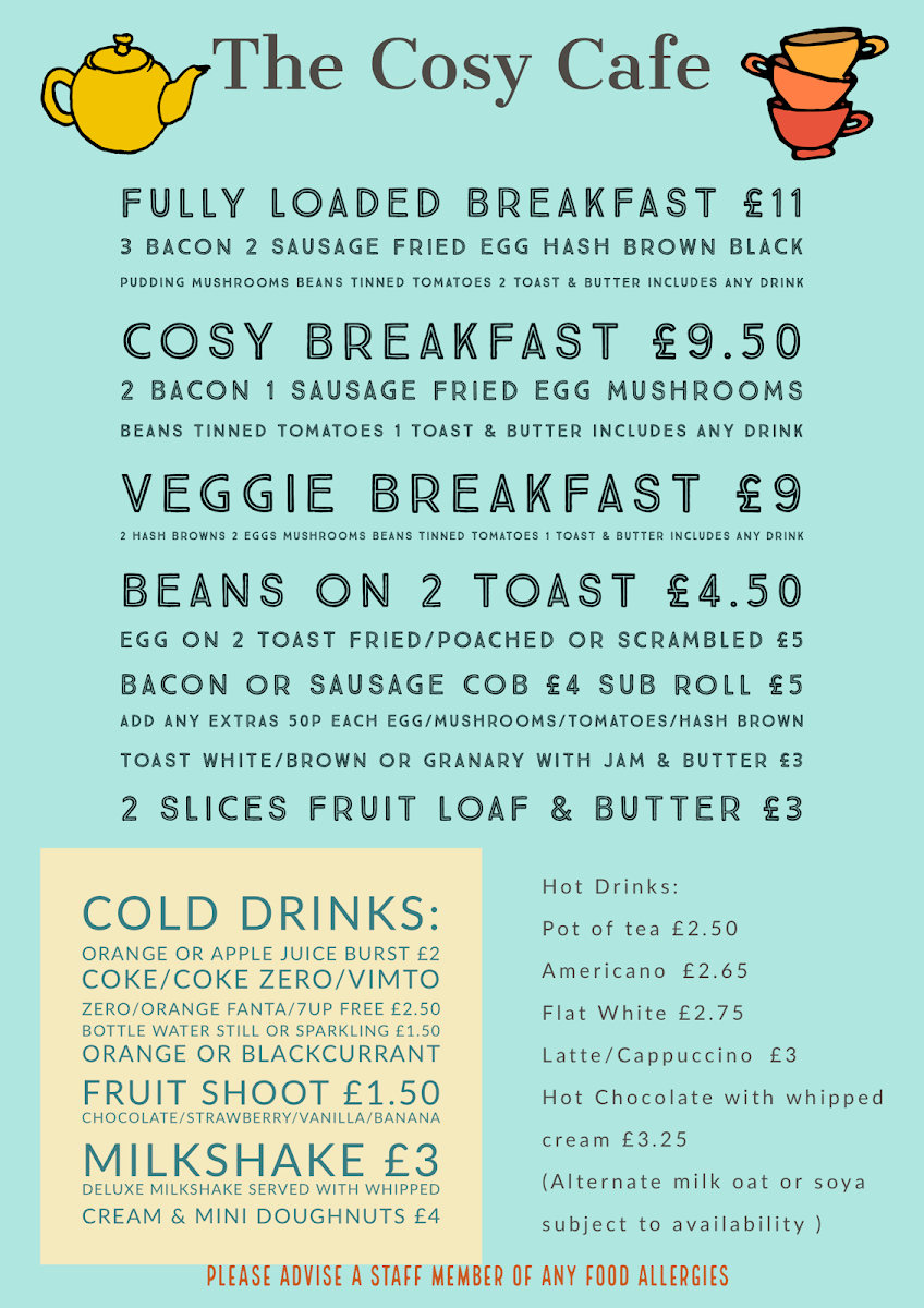 The Cosy Cafe Hinckley menu board