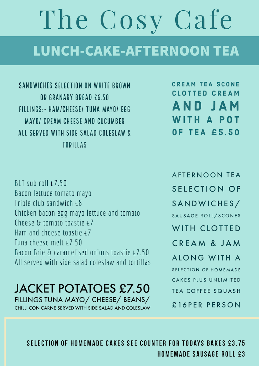 The Cosy Cafe Hinckley menu board