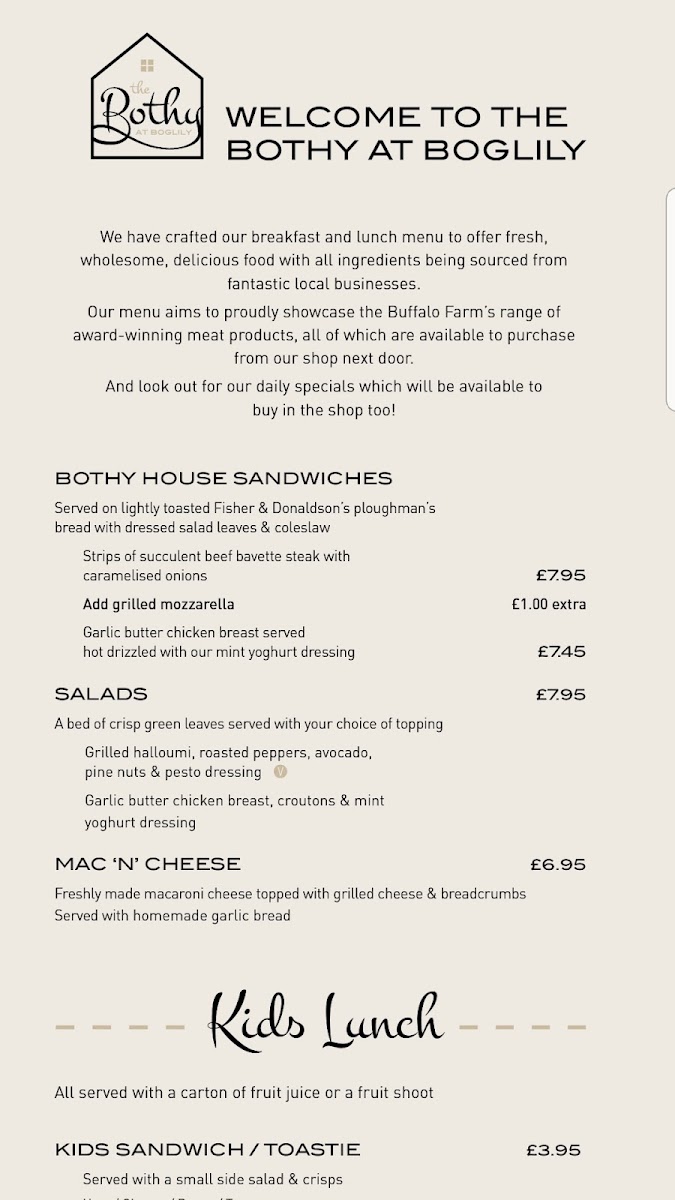 The Bothy at Boglily menu board