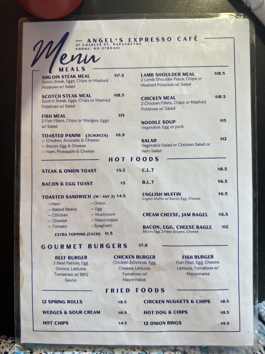 Angels Expresso Cafe menu board