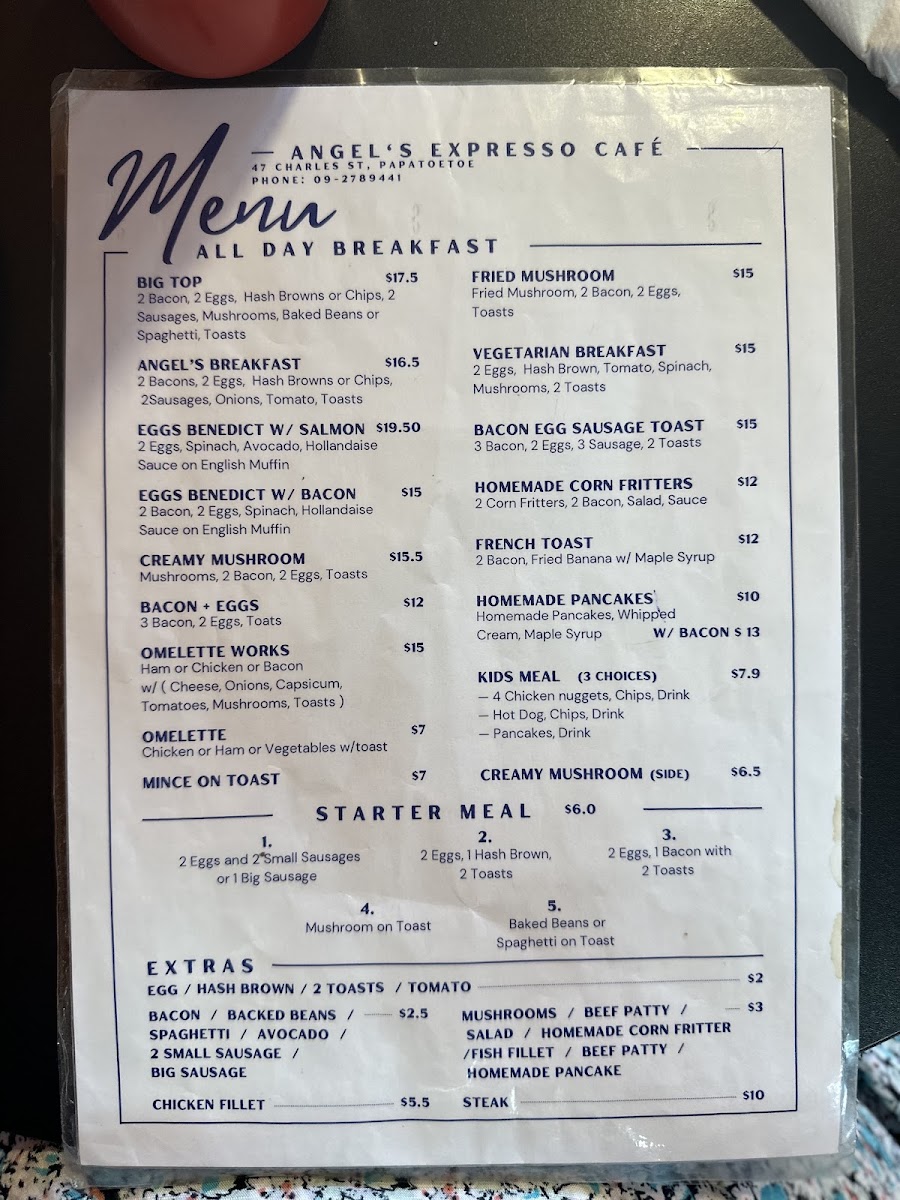 Angels Expresso Cafe menu board