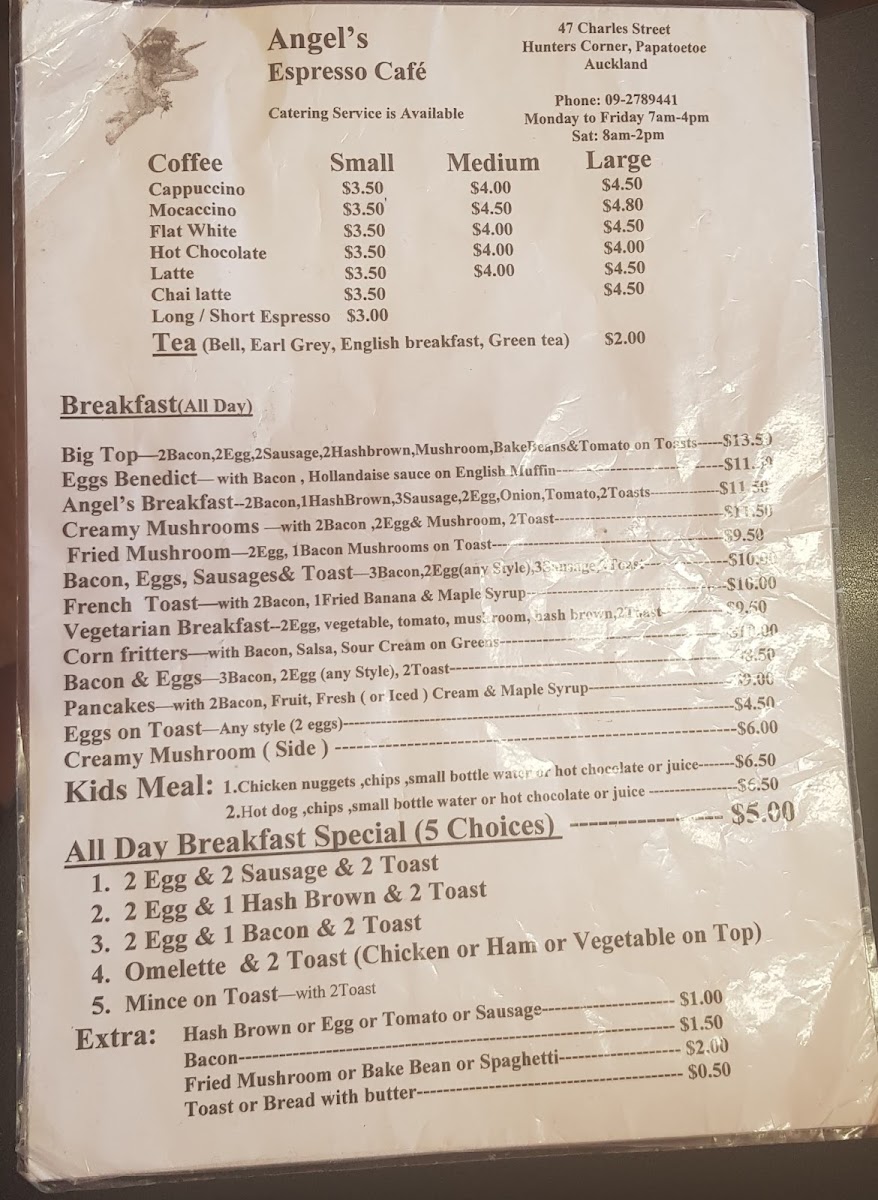 Angels Expresso Cafe menu board