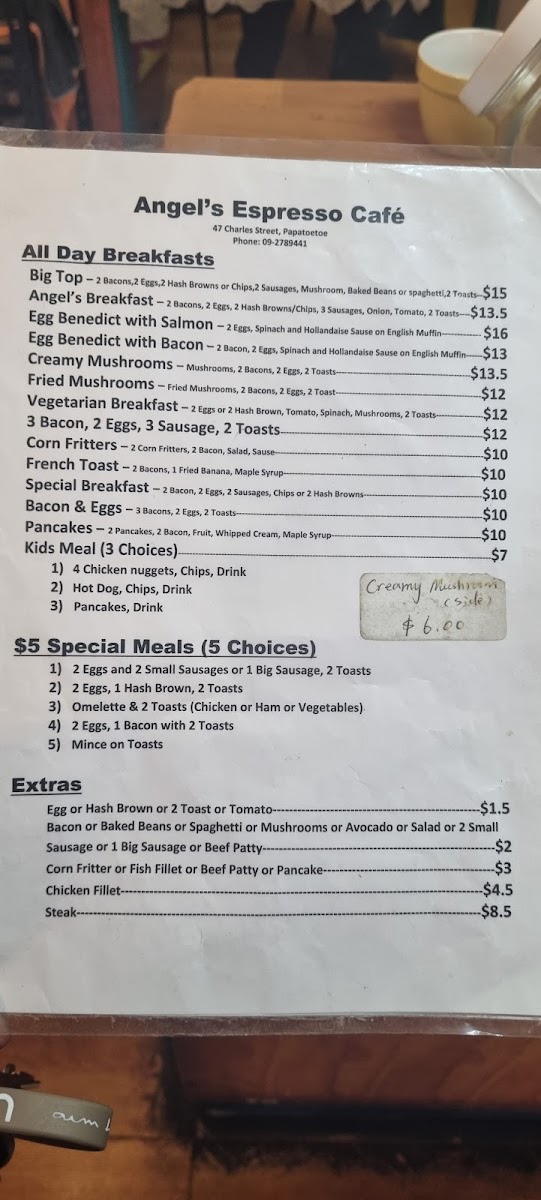 Angels Expresso Cafe menu board