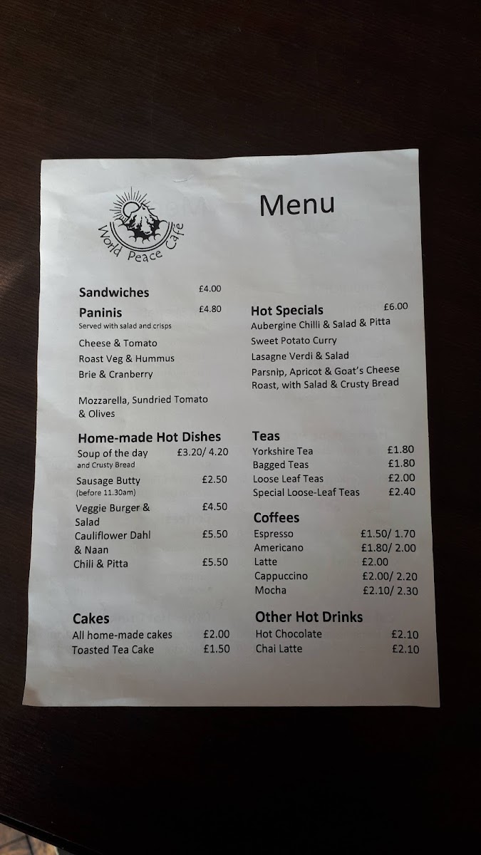 World Peace Cafe Keighley menu board