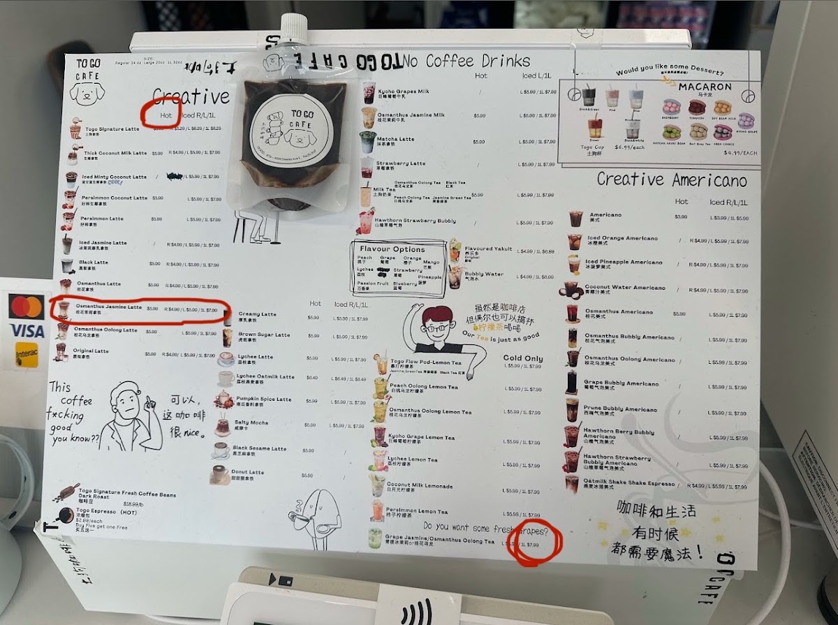 Togo Cafe 土狗咖啡 Scarborough menu board