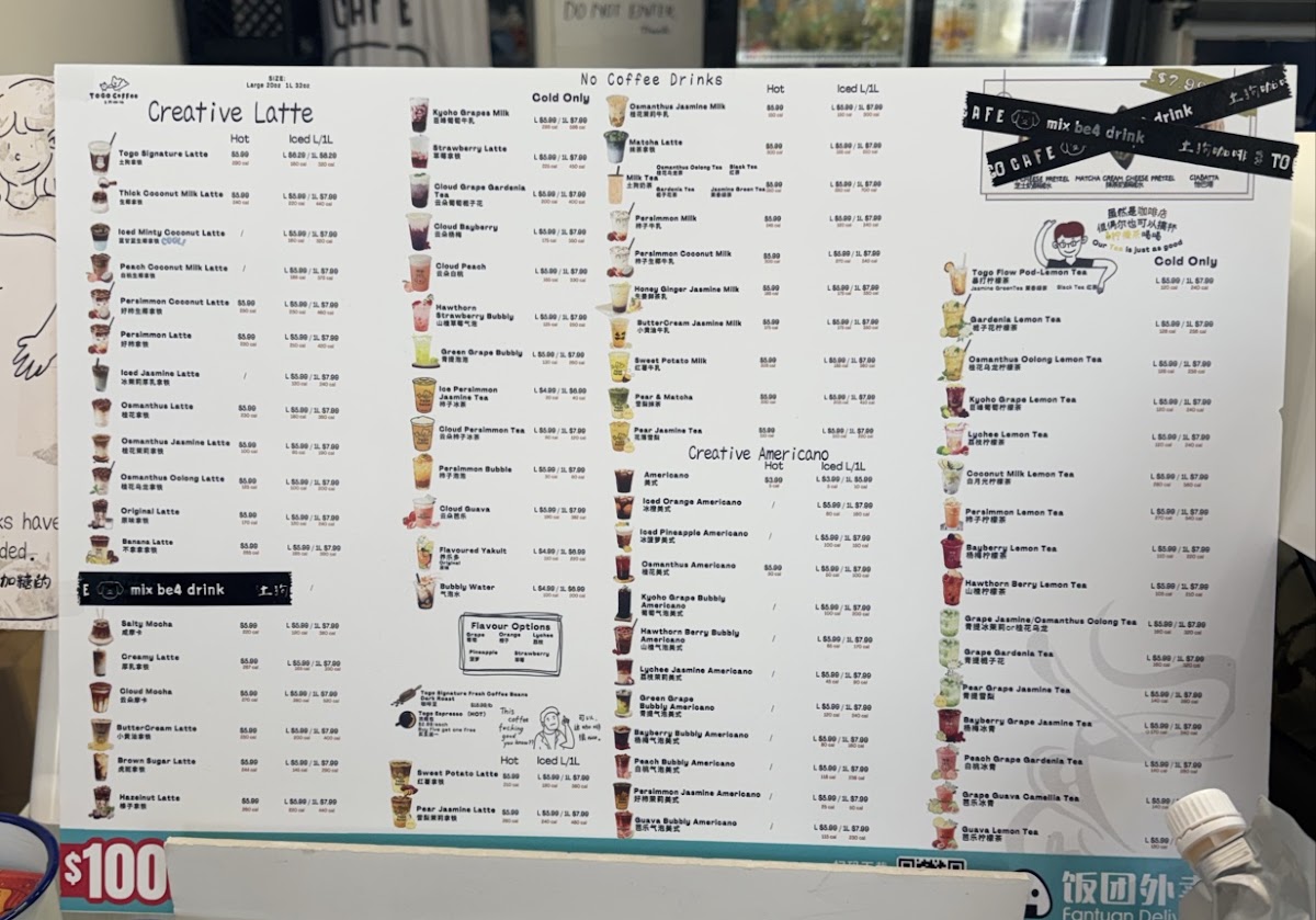 Togo Cafe 土狗咖啡 Scarborough menu board