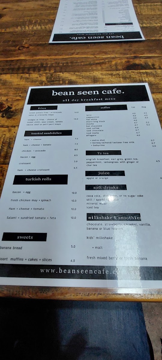 Bean Seen Cafe menu board