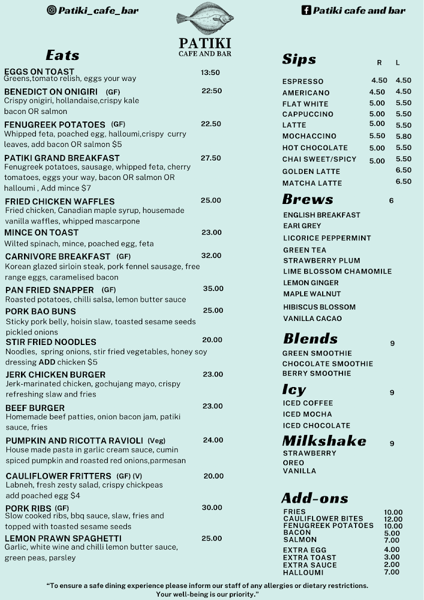 Patiki cafe and bar menu board