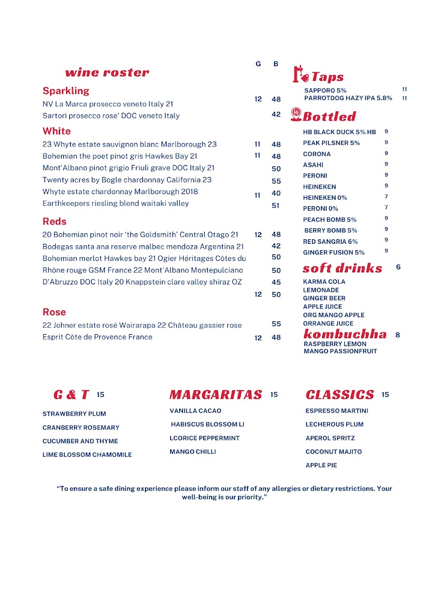 Patiki cafe and bar menu board