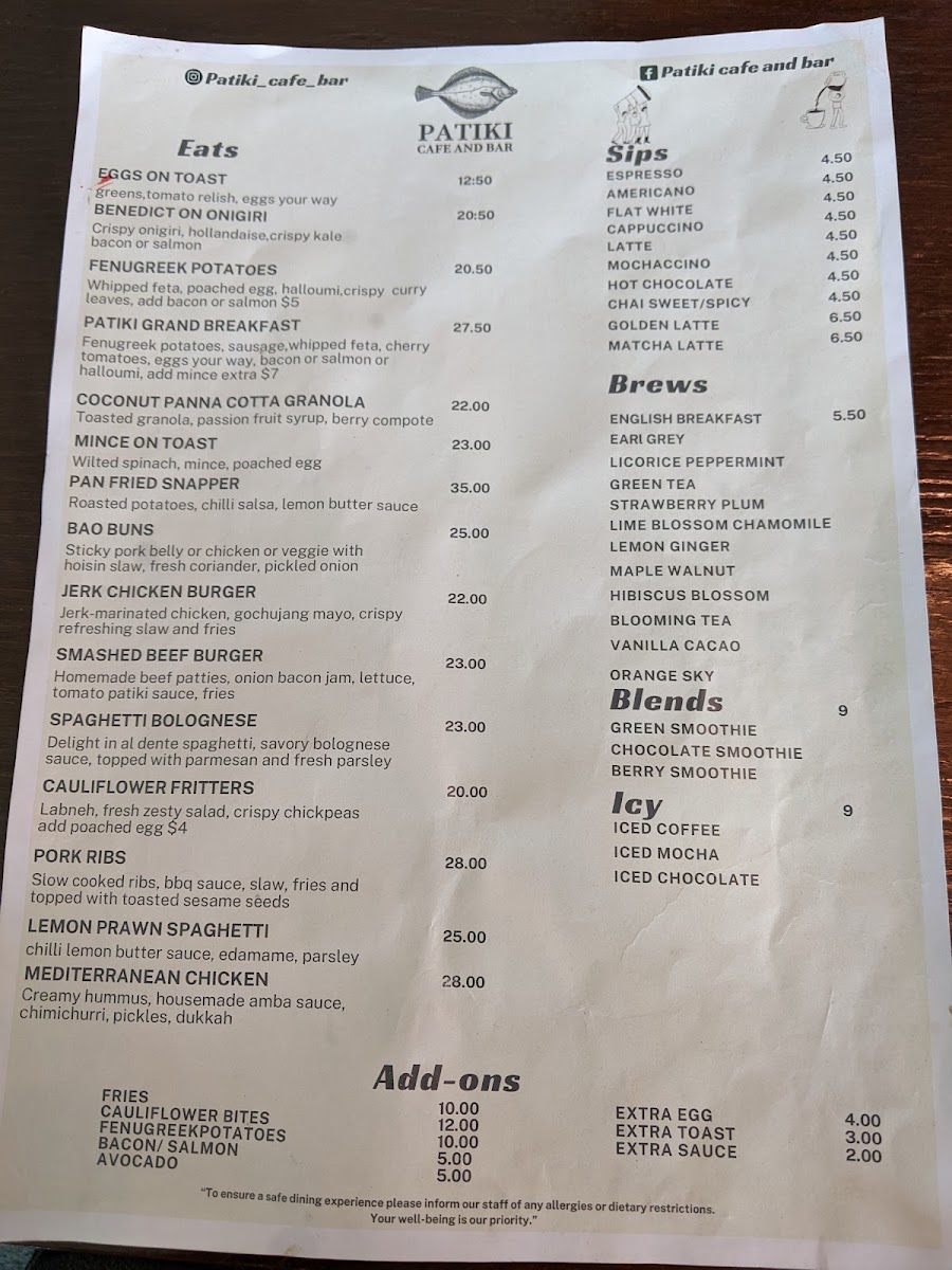 Patiki cafe and bar menu board
