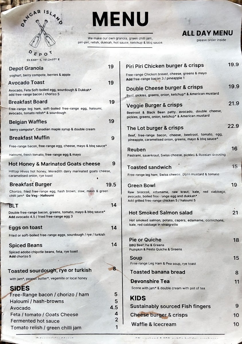 Dangar Island Depot menu board