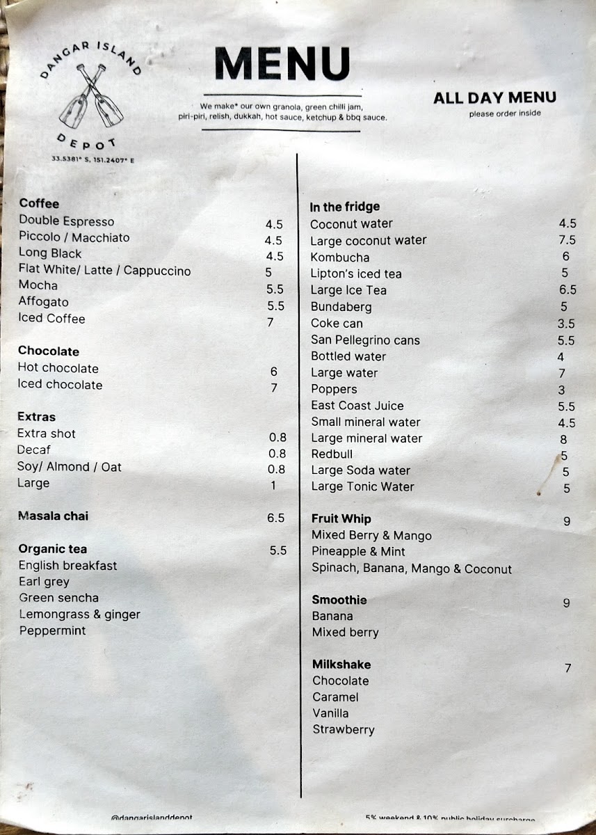 Dangar Island Depot menu board