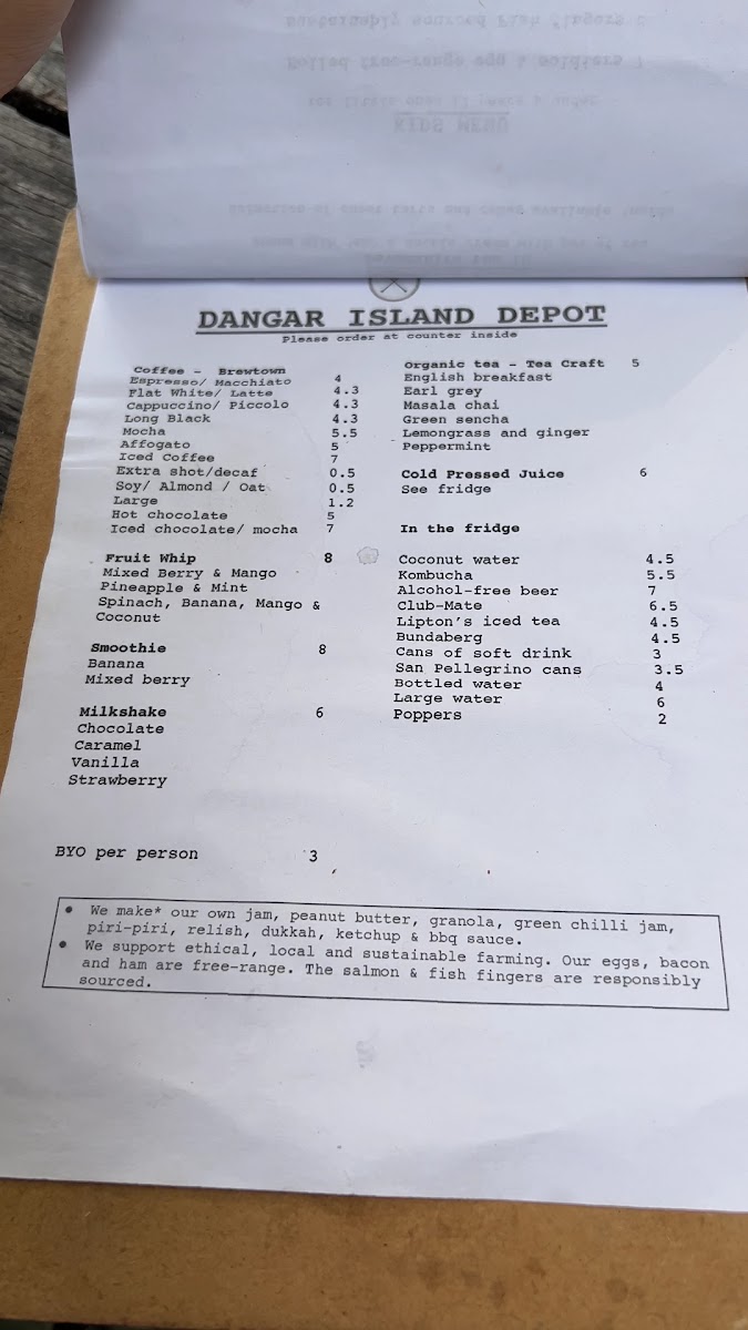 Dangar Island Depot menu board