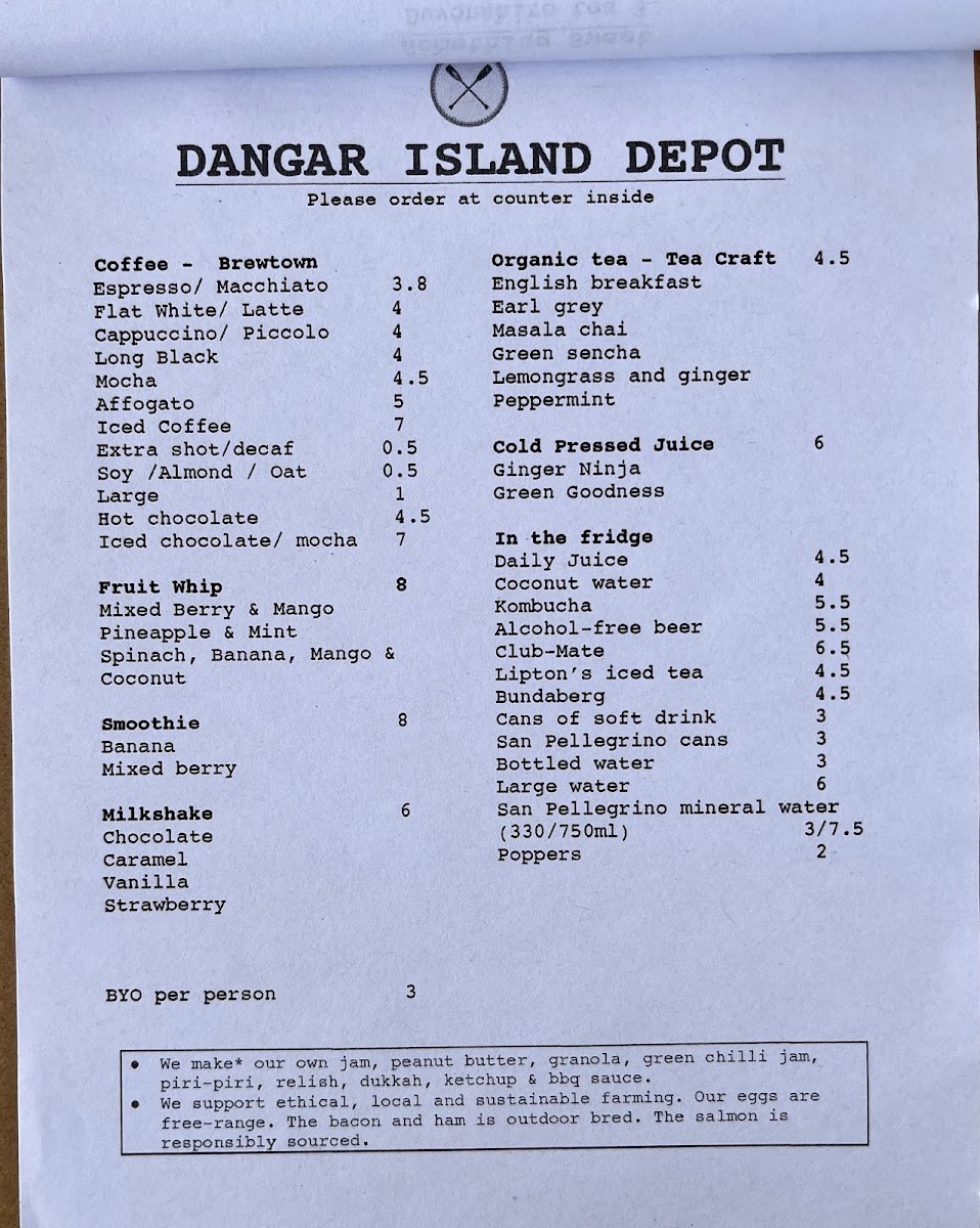 Dangar Island Depot menu board