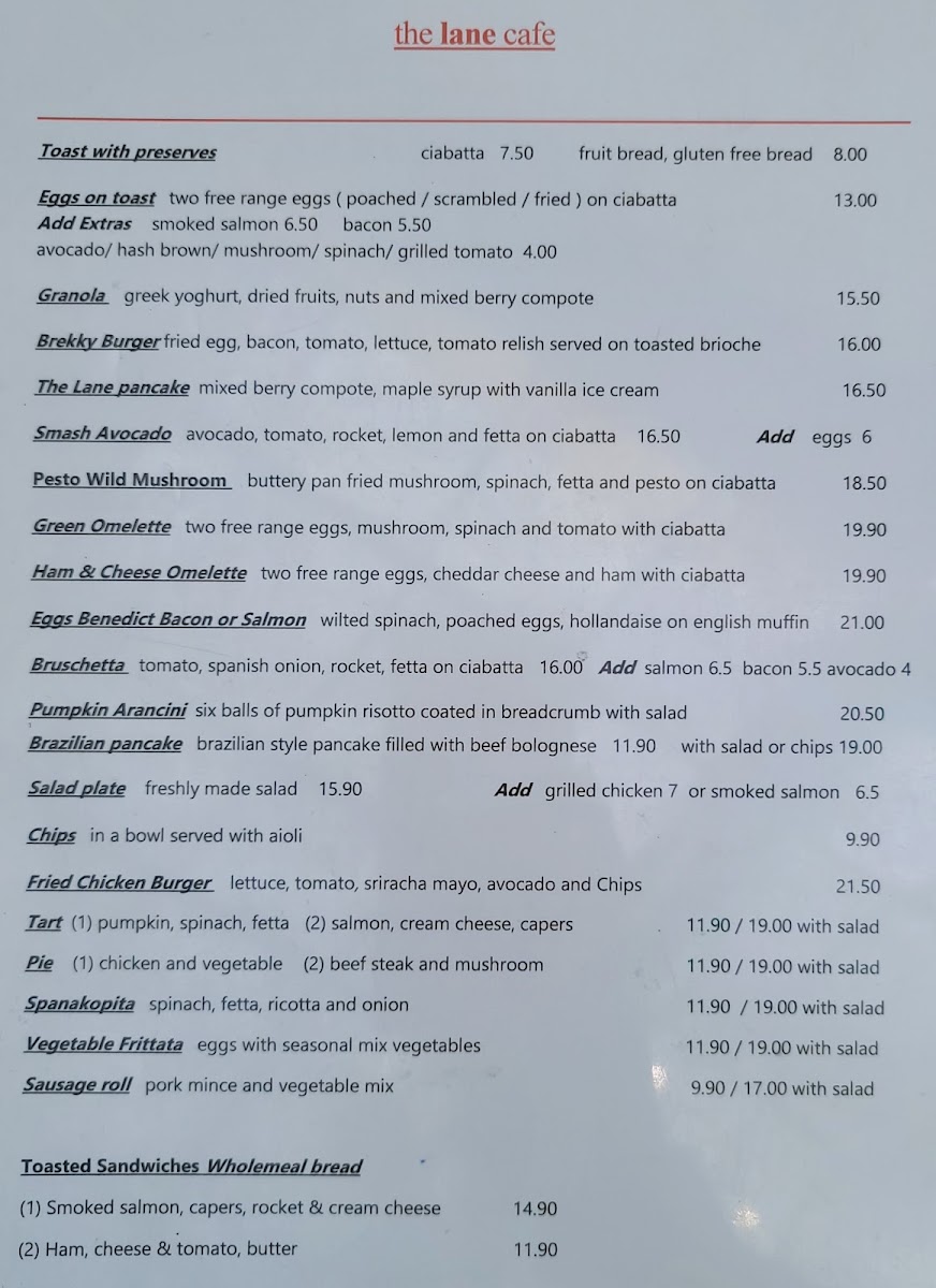 The Lane Café menu board