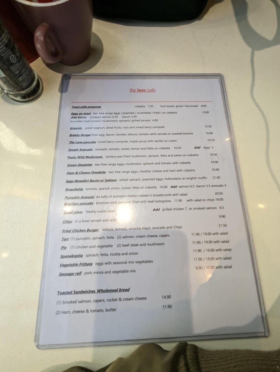 The Lane Café menu board