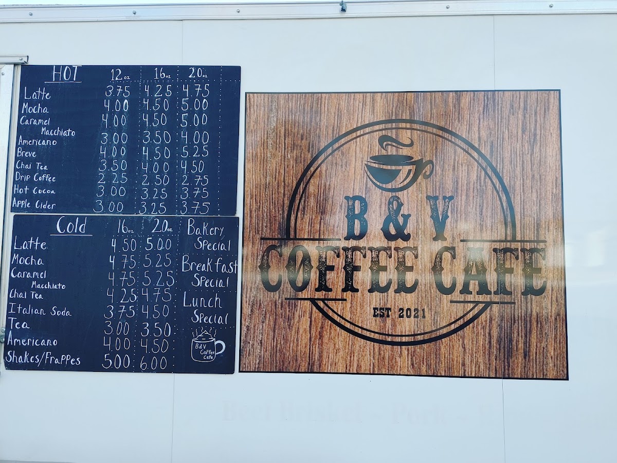 B & V Coffee Cafe menu board