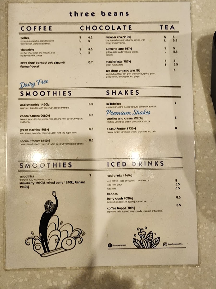 Three Beans Chatswood Central menu board