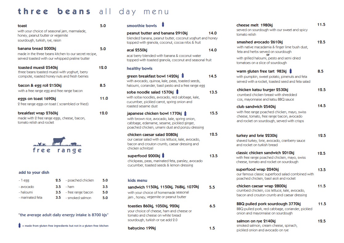 Three Beans Chatswood Central menu board