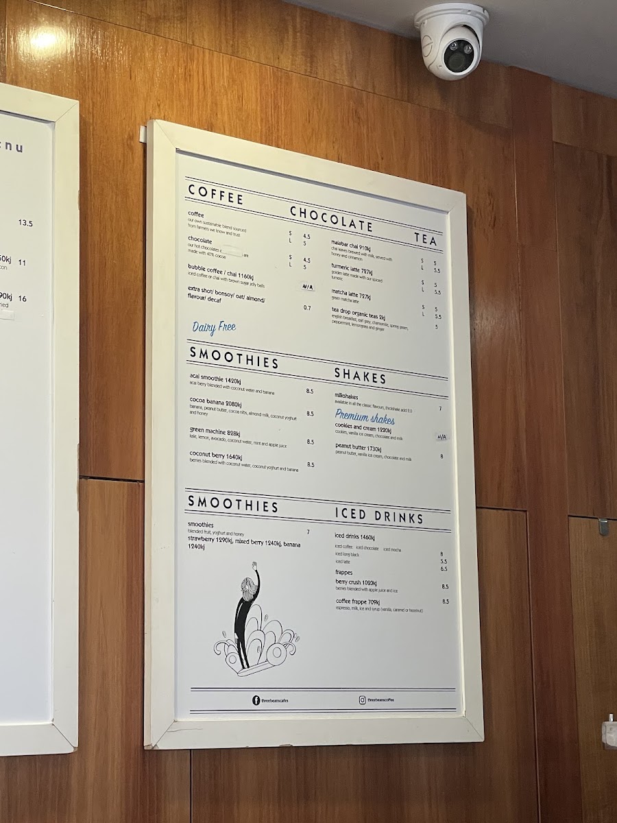 Three Beans Chatswood Central menu board