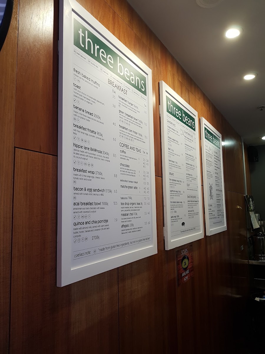 Three Beans Chatswood Central menu board