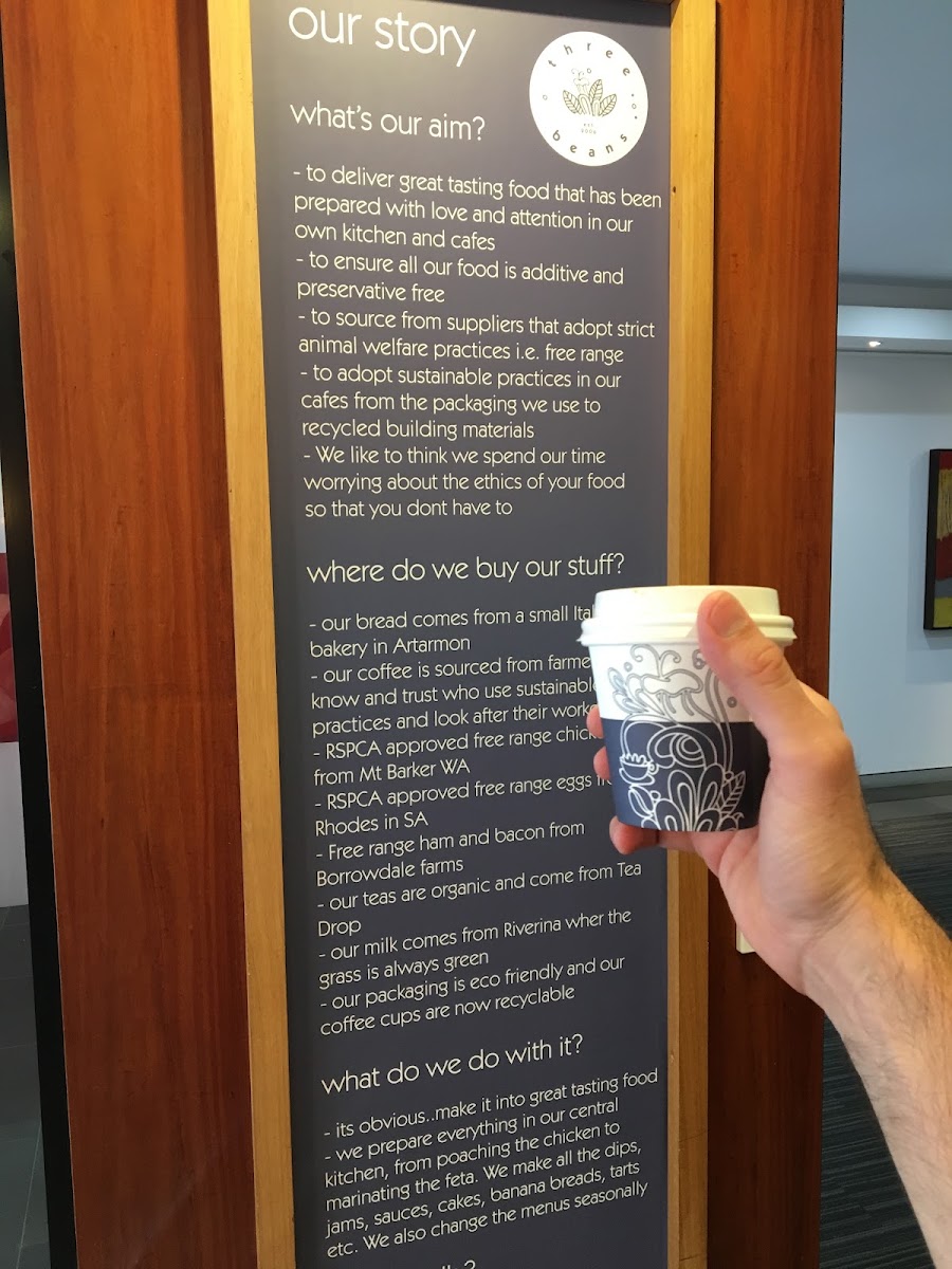 Three Beans Chatswood Central menu board