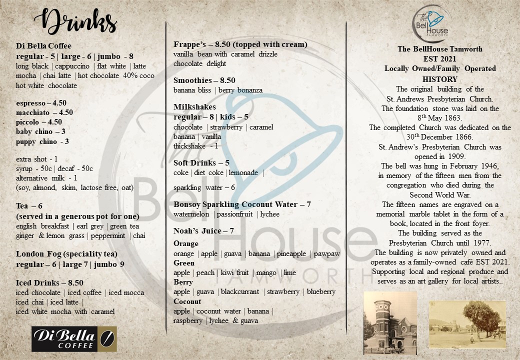 The Bell House Tamworth menu board