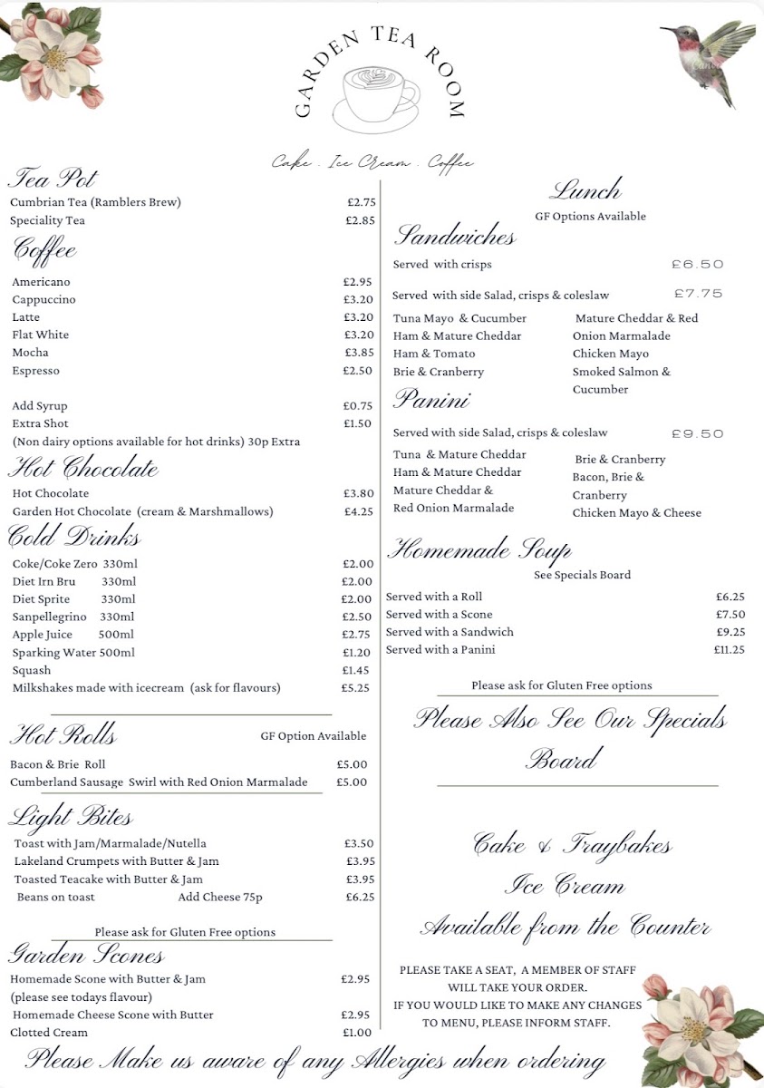 Garden Tea Room Penrith menu board