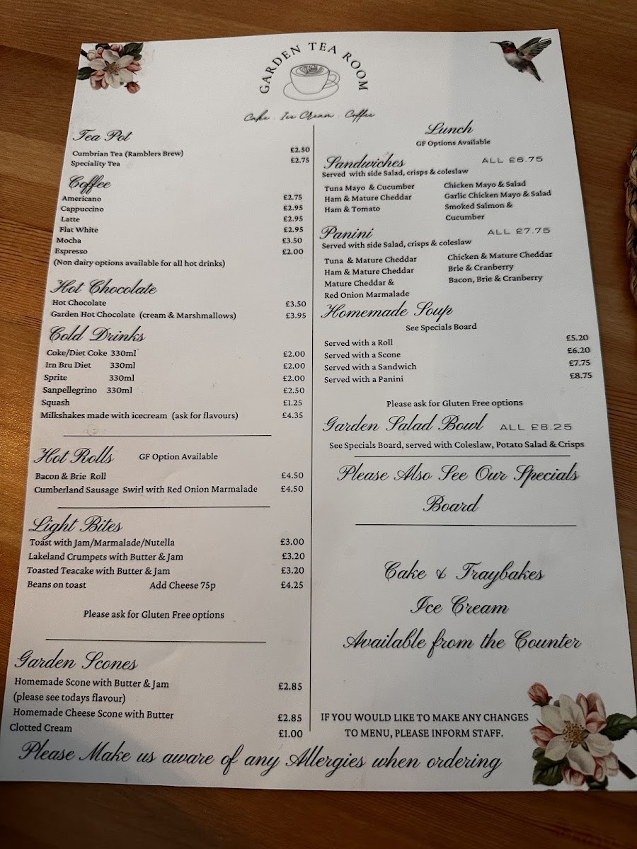 Garden Tea Room Penrith menu board