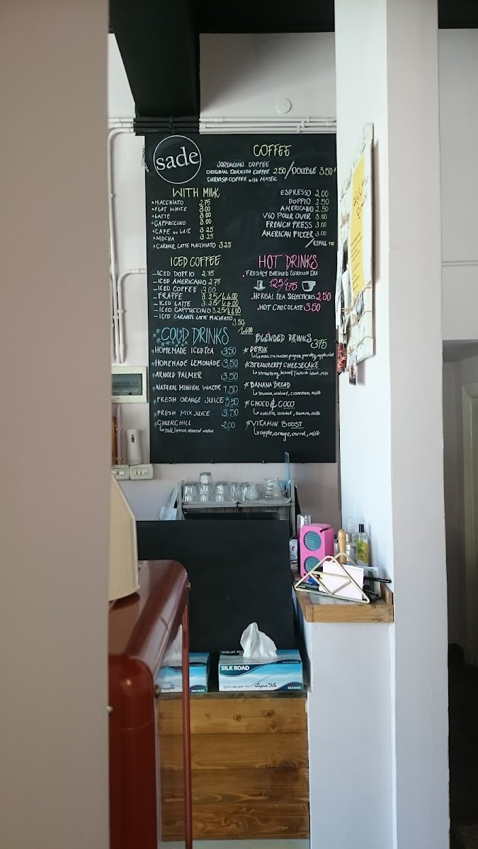Sade Cafe Amman menu board