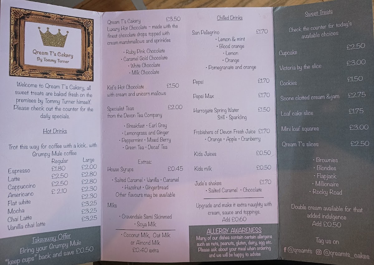 Qream T's Cakery by Turner and Co menu board