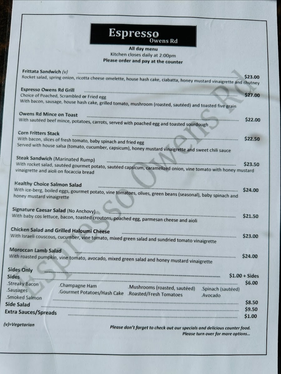 Espresso Owens Road menu board