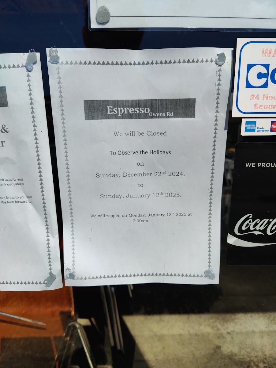 Espresso Owens Road menu board