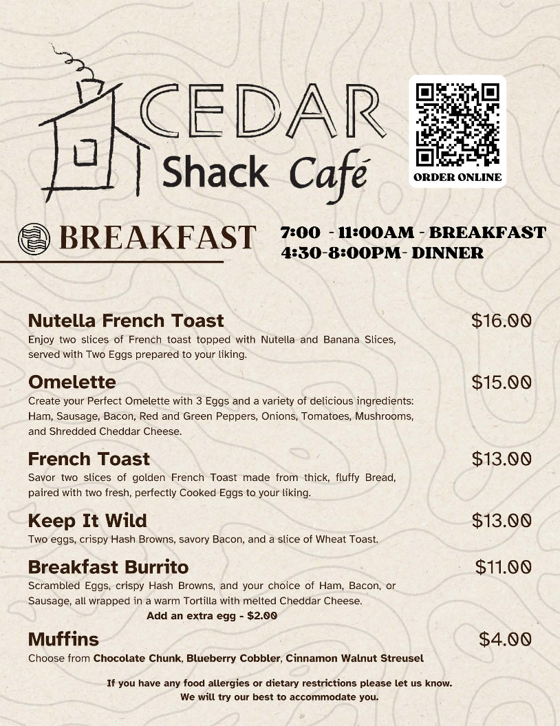 Cedar Shack Cafe menu board