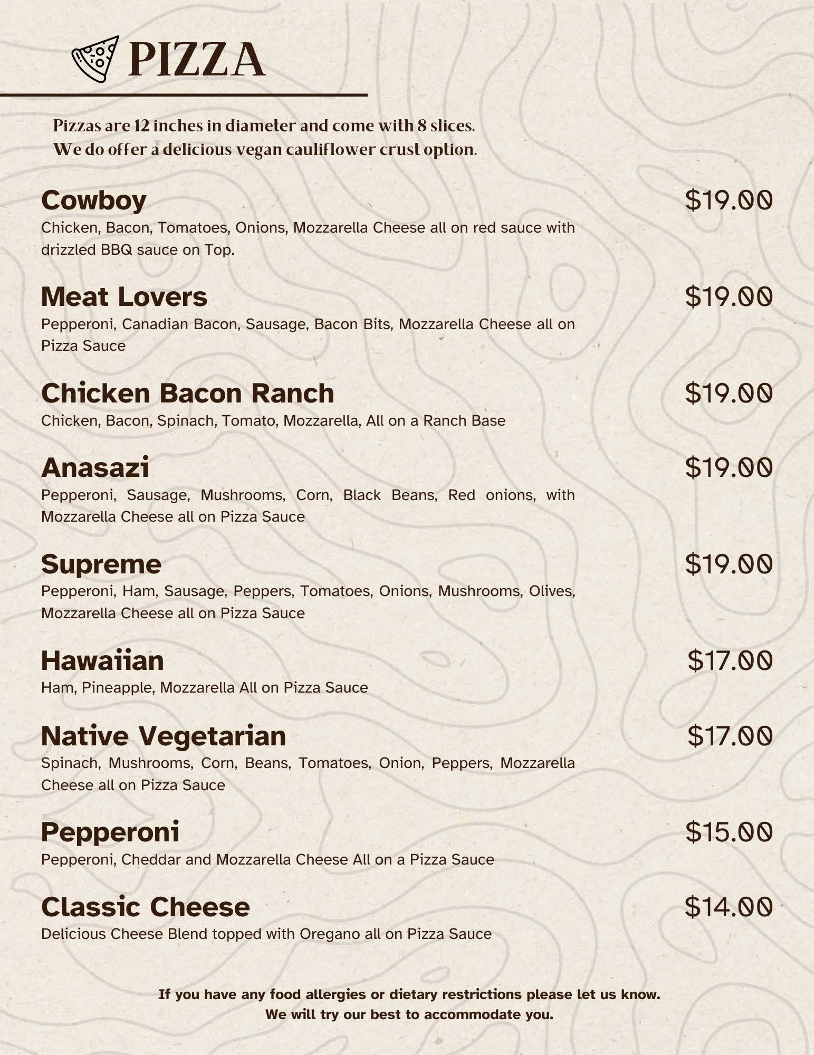 Cedar Shack Cafe menu board