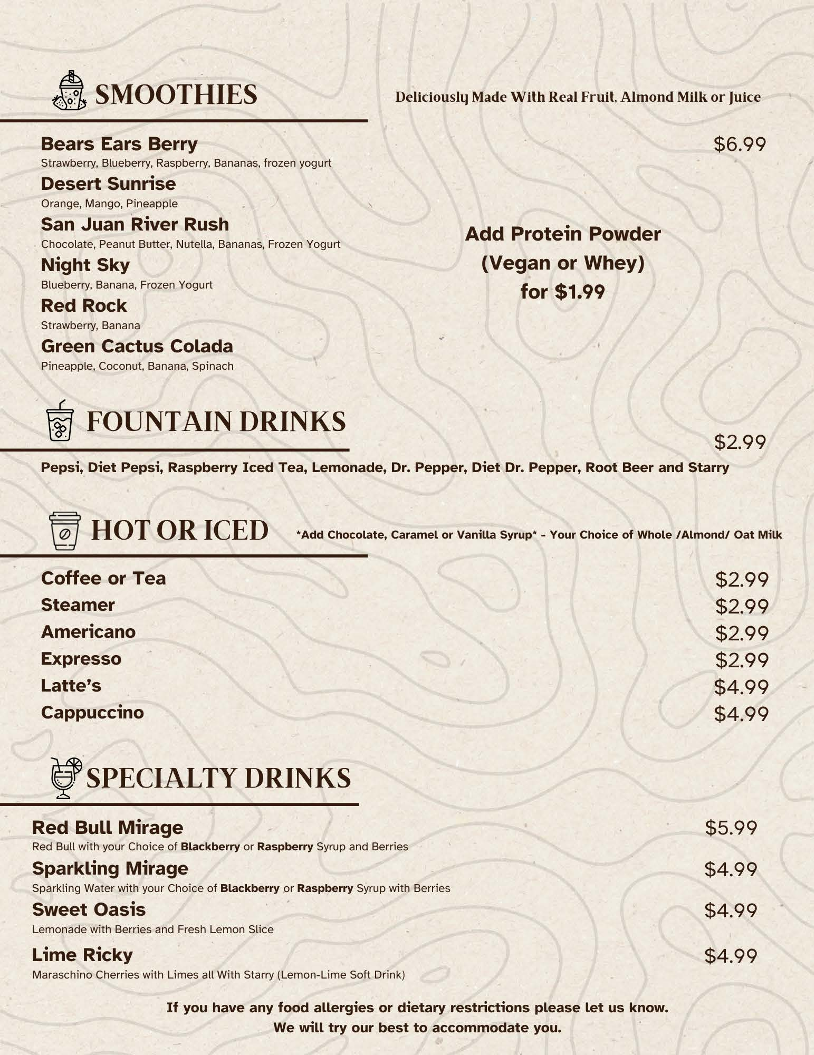 Cedar Shack Cafe menu board