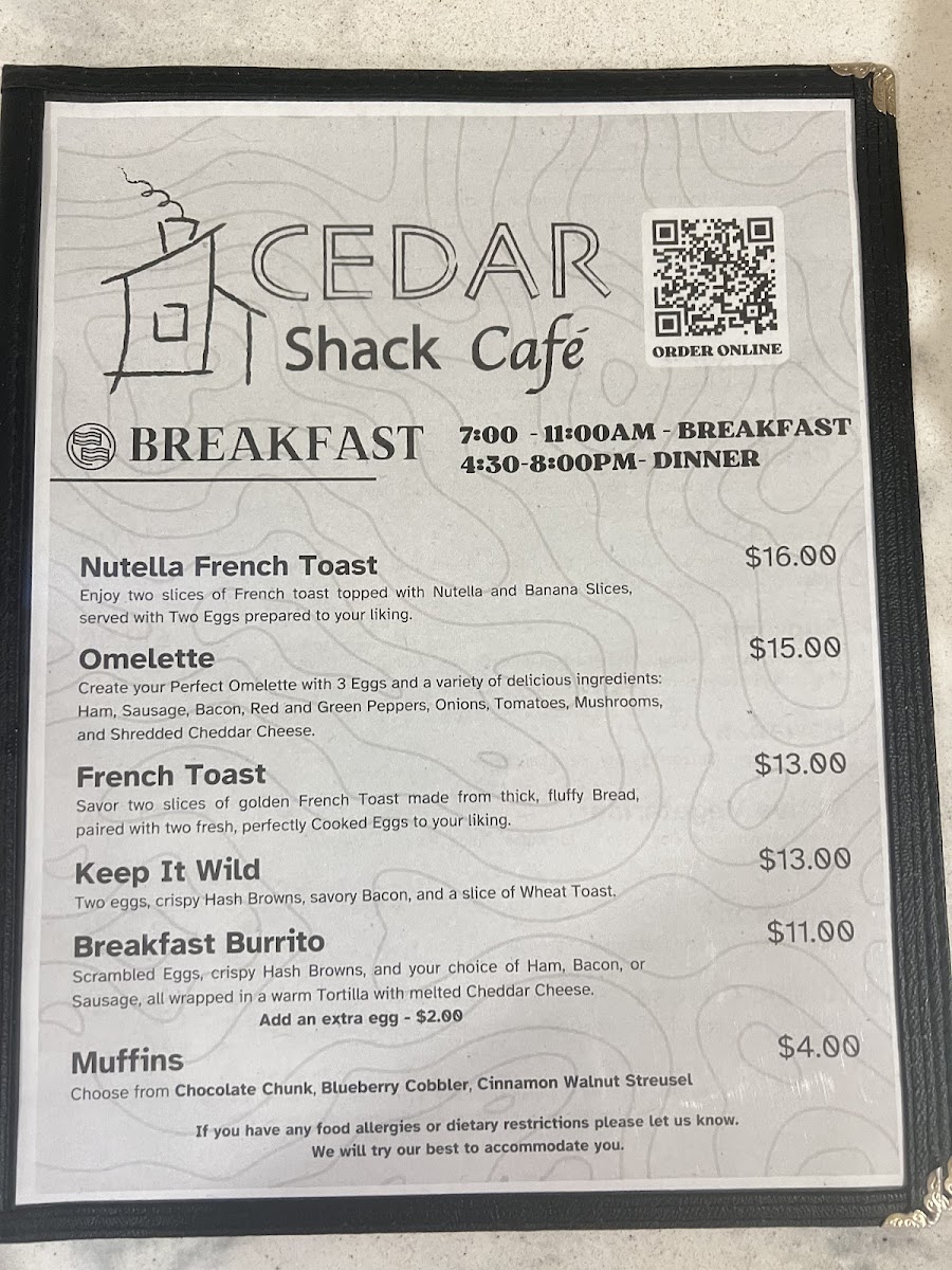 Cedar Shack Cafe menu board
