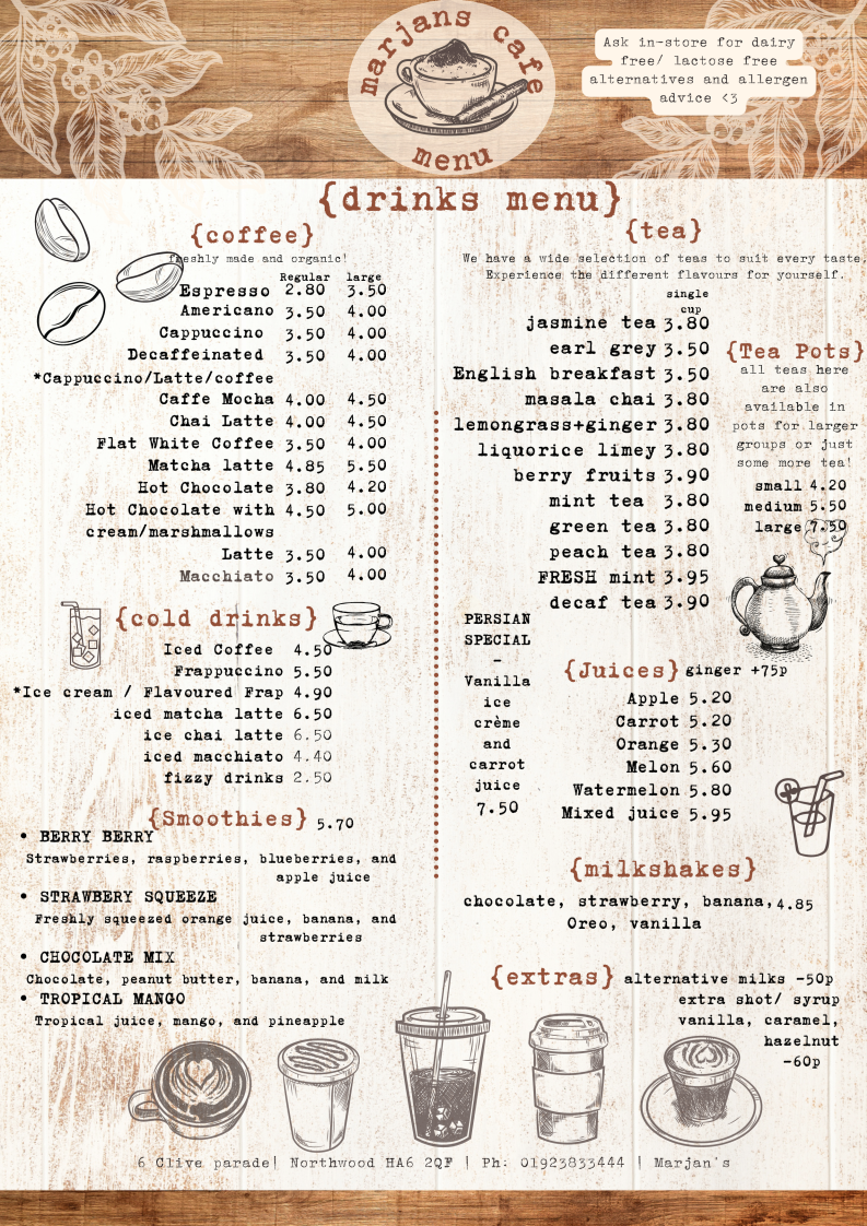Marjan's menu board