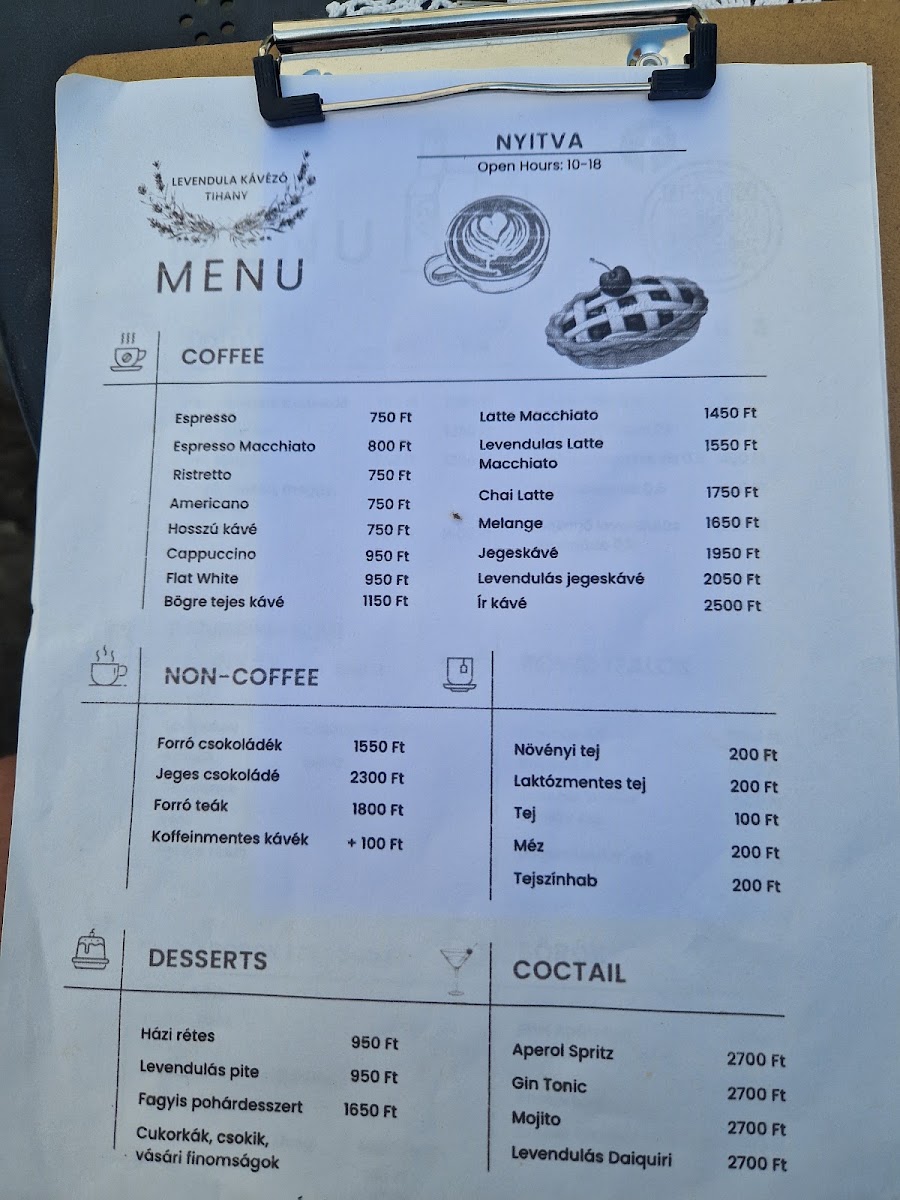 Levendula Kávézó menu board
