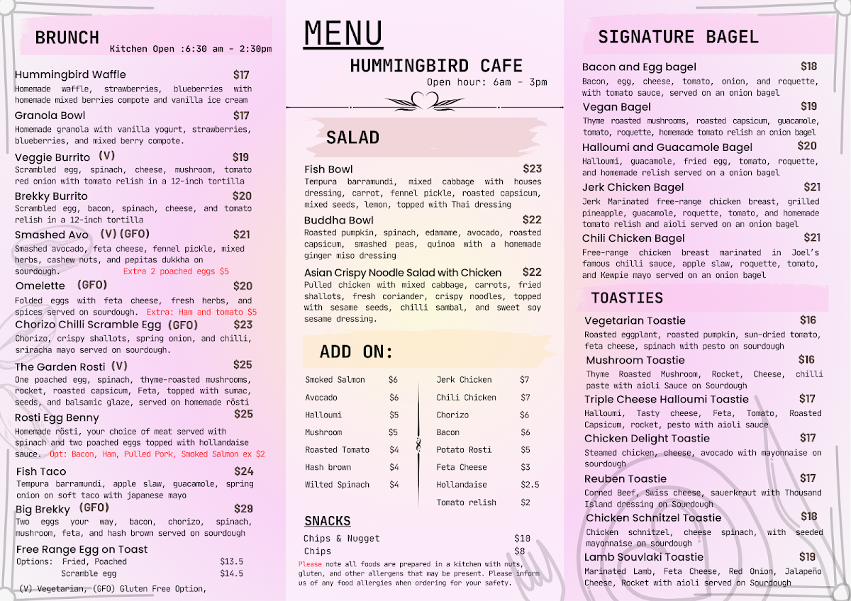 Hummingbird Elwood menu board