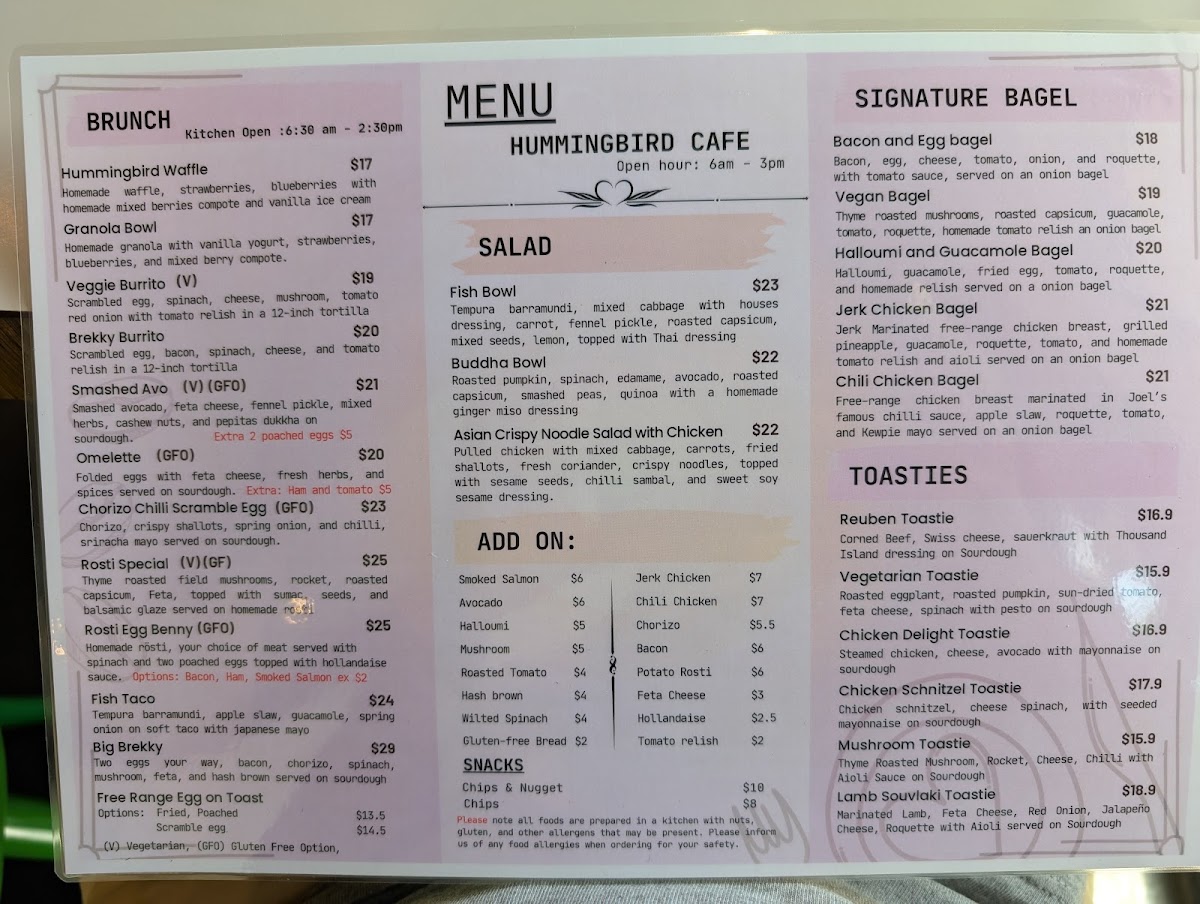 Hummingbird Elwood menu board