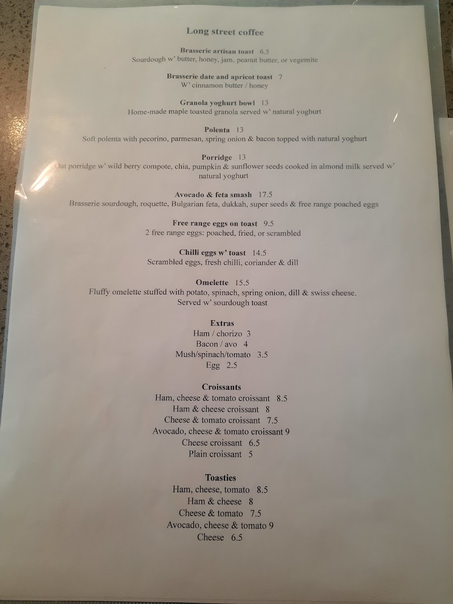 Long Street Coffee menu board