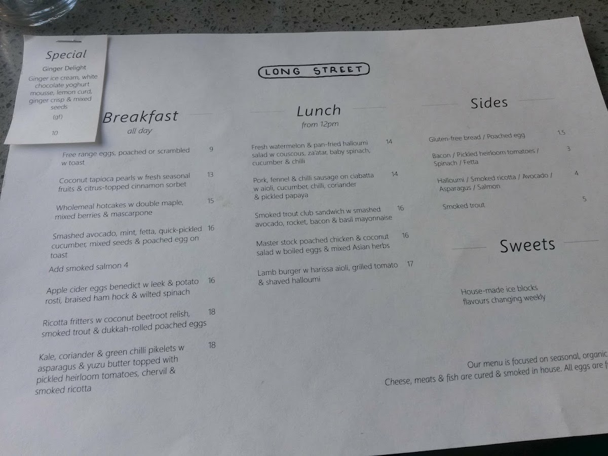 Long Street Coffee menu board