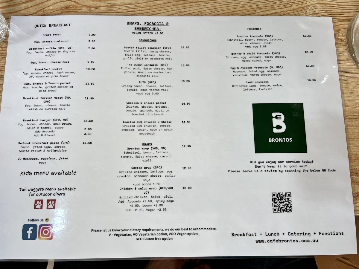 Cafe Brontos menu board