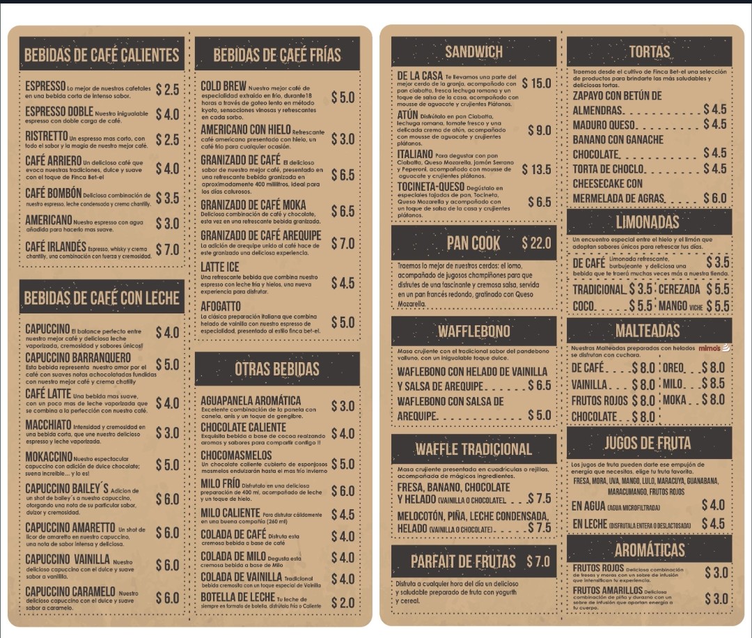 Finca Betel Coffee Shop menu board